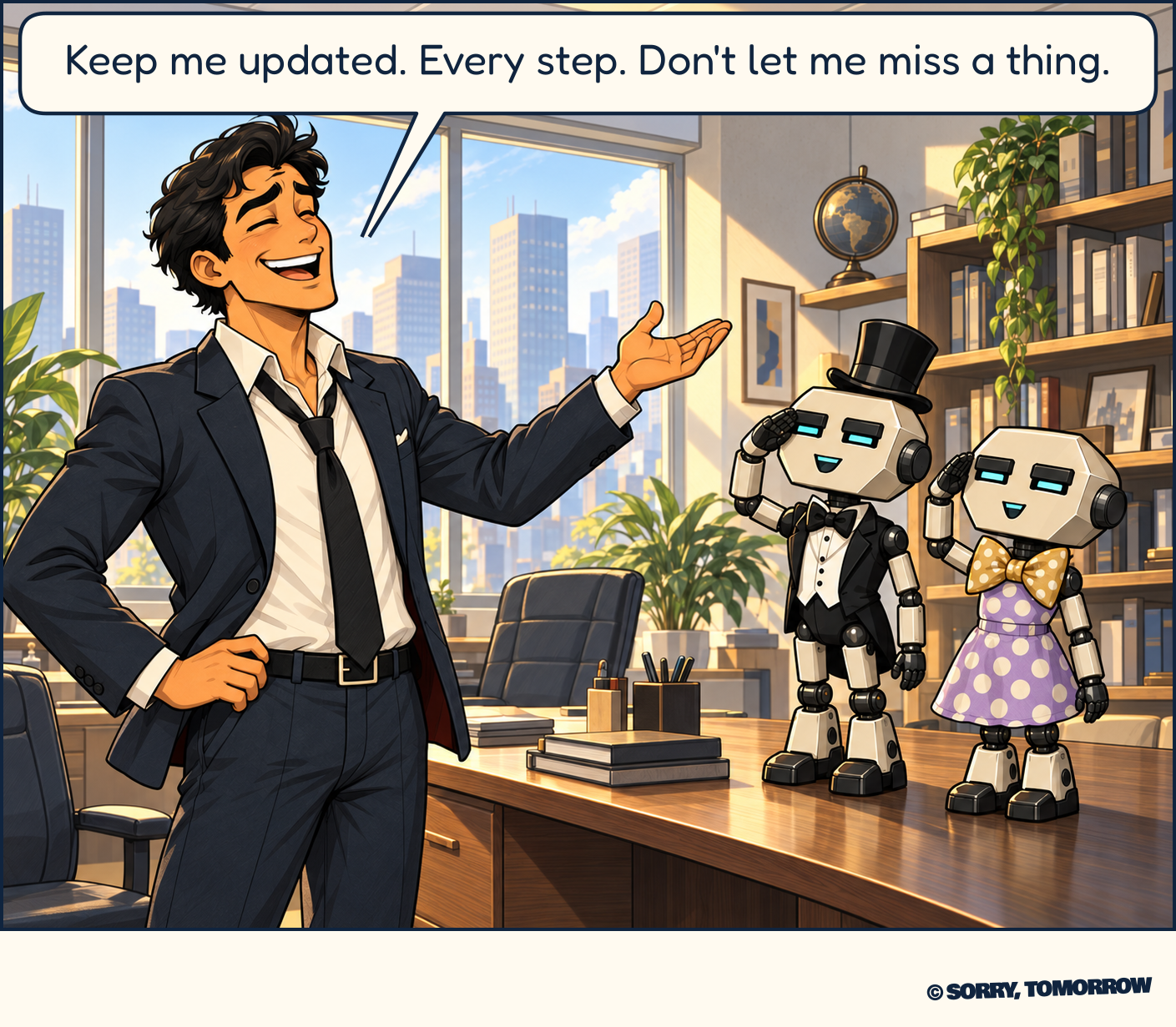 In the sunlit Ahead AI office, Dex smiles and gestures to two small robots on his desk. Bot wears a tuxedo and top hat; Dot wears a lavender dress with cream polka dots and a gold neck bow. Both salute. Dex says, “Keep me updated. Every step. Don't let me miss a thing.”