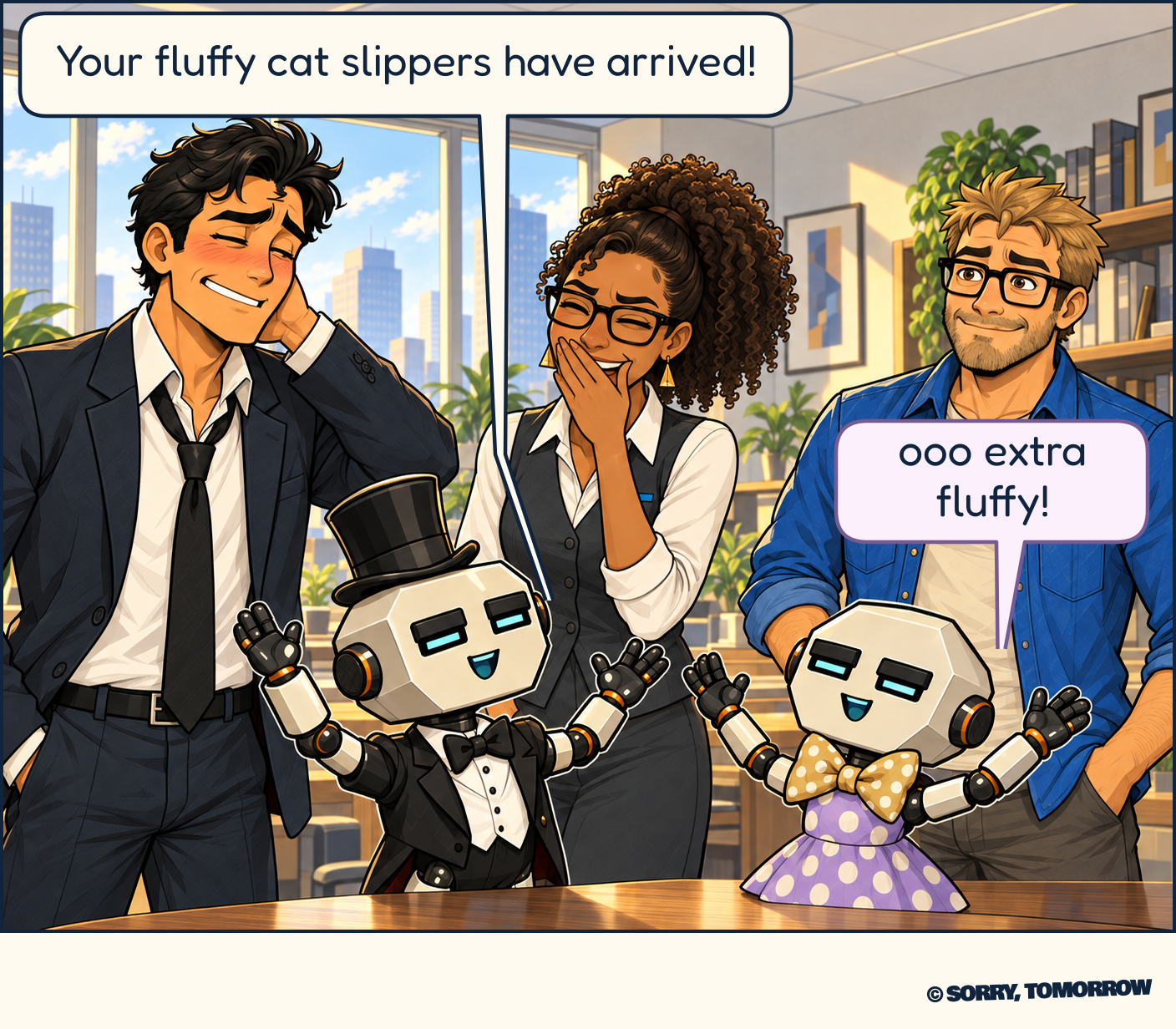 Bot announces, “Your fluffy cat slippers have arrived!” Dot adds, “ooo extra fluffy!” Dex blushes and touches the back of his head. Clara laughs sheepishly behind her hand, while Wes smiles nearby. The slippers are not shown.
