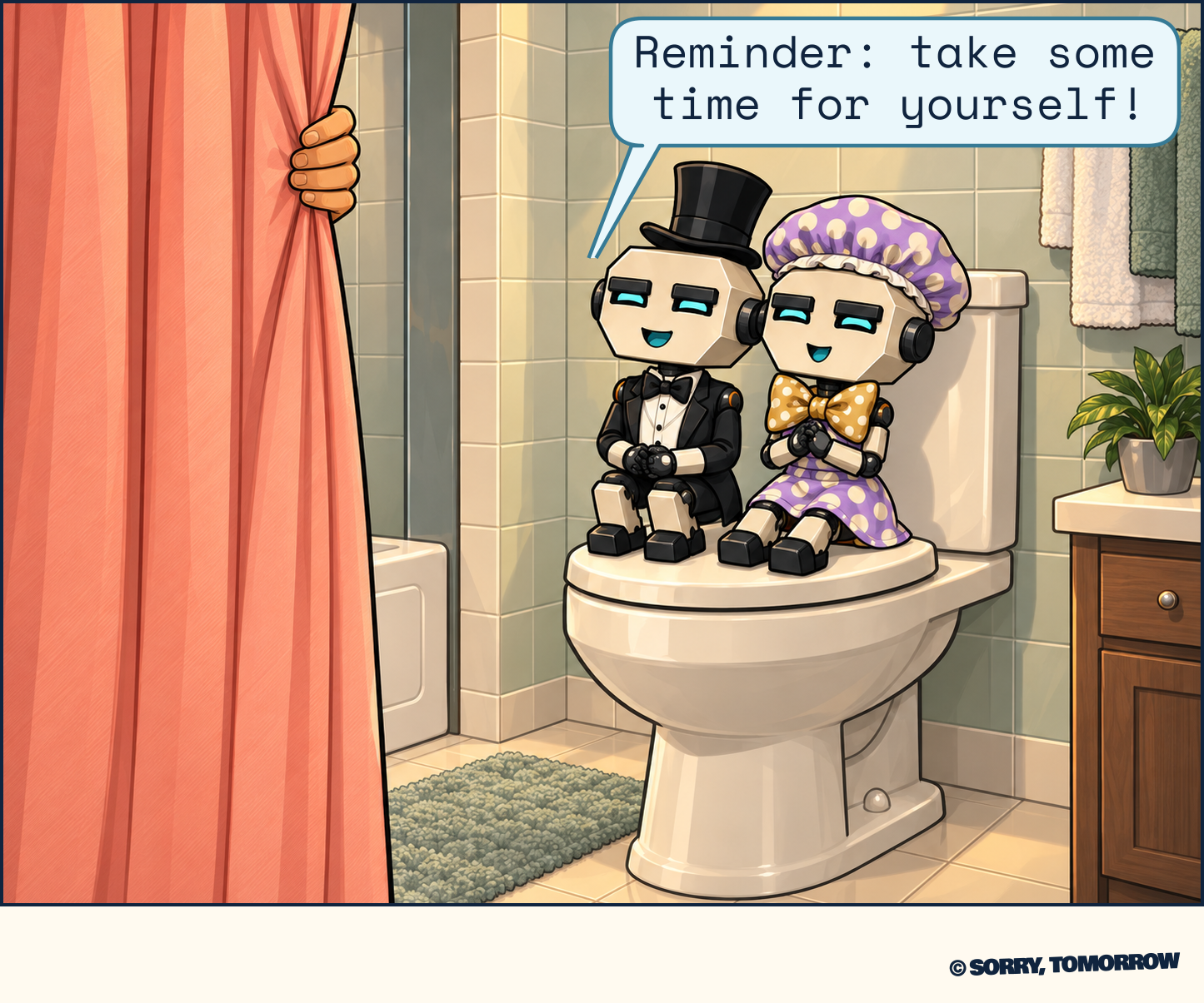Beside an opaque coral shower curtain, Bot and Dot sit together on a closed toilet lid. Dot has a lavender shower cap. Dex is entirely hidden except for a hand gripping the curtain. Bot says, “Reminder: take some time for yourself!”