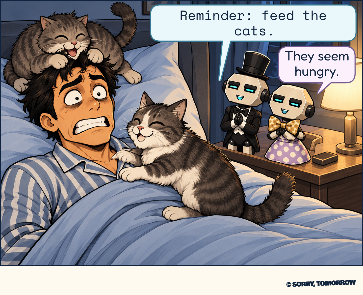 At night, a wide-eyed Dex lies awake in striped pajamas. One cat paws his head while another kneads his chest. On the nightstand, Bot says, “Reminder: feed the cats.” Dot adds, “They seem hungry.”