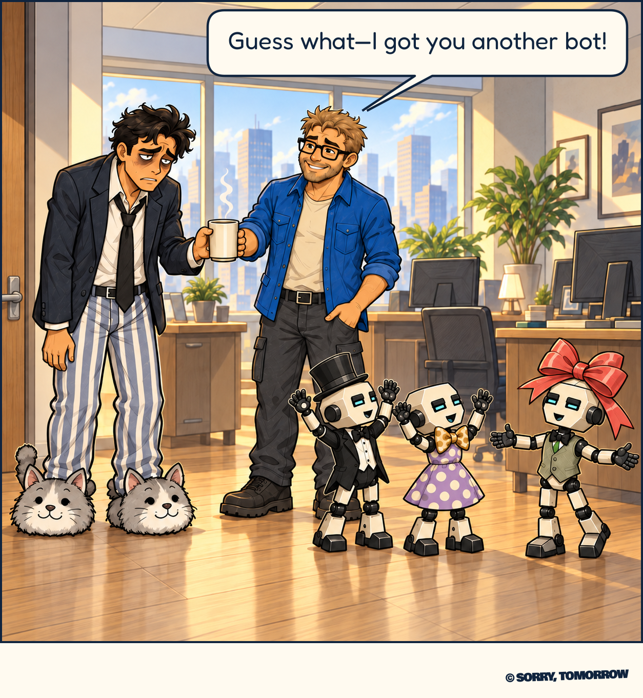 Back in the office, an exhausted Dex wears a suit jacket and tie over striped pajama pants and fluffy cat slippers. Wes hands him coffee and says, “Guess what—I got you another bot!” A third cheerful robot in a sage vest and coral head bow steps forward. Bot and Dot turn toward it, throw their arms up, and cheer silently.
