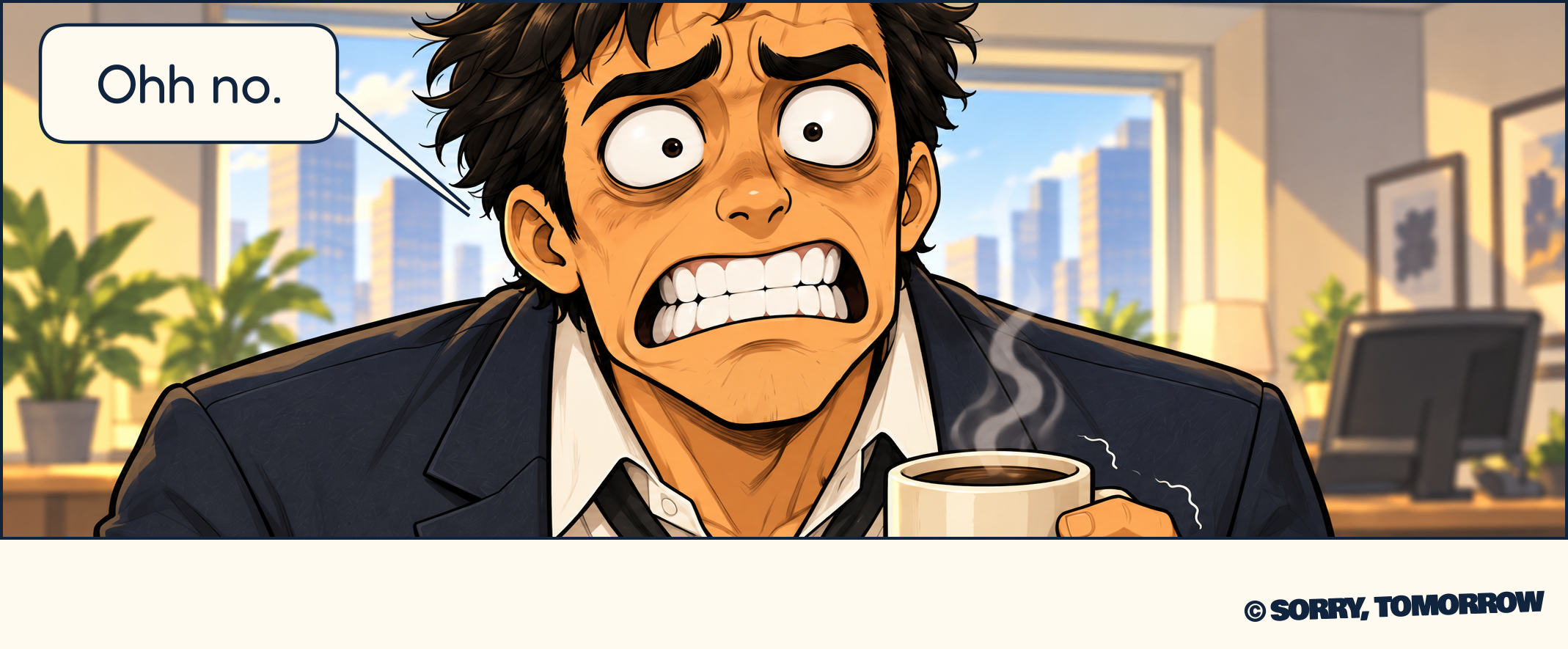 In an extreme close-up, Dex's eyes bulge and his teeth clench. A coffee cup trembles in his left hand. He says, “Ohh no.”