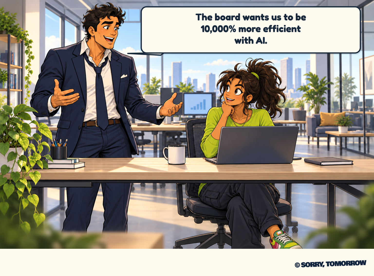 Dex presents the board’s demand for 10,000% more efficiency while Mina listens at her laptop.