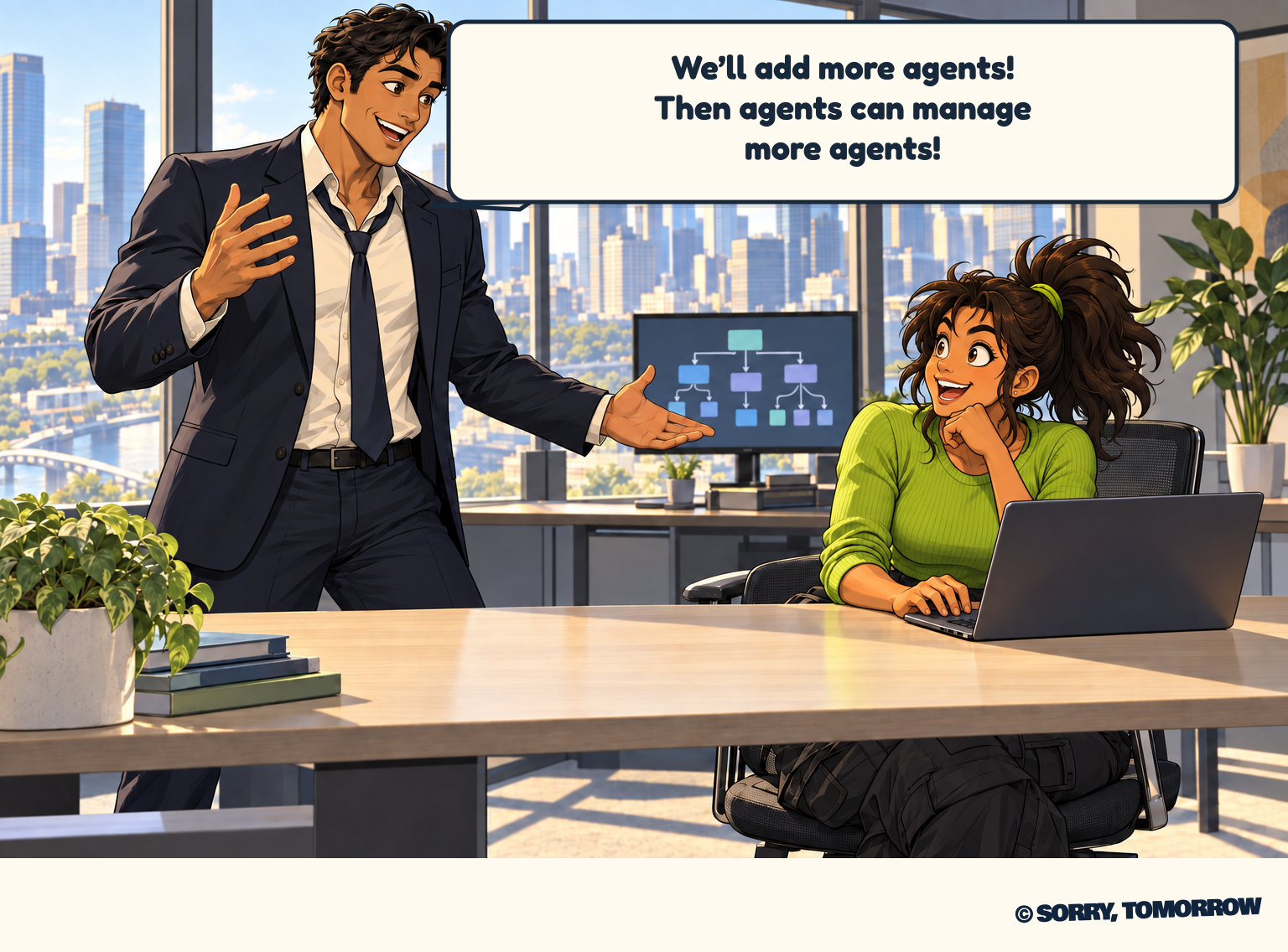 Dex enthusiastically pitches adding agents to manage agents while Mina leans toward her laptop, excited.