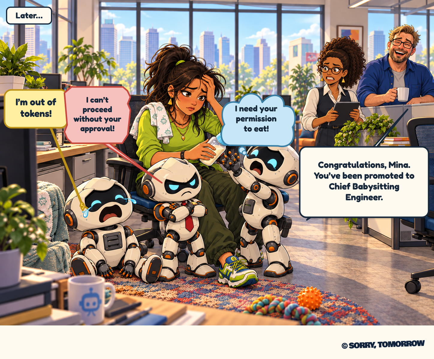 Mina, exhausted with a towel over her shoulder and bottle in hand, is surrounded by three baby robots asking for tokens, approval and permission to eat. Wes laughs beside Clara’s silent, gritted-teeth reaction.