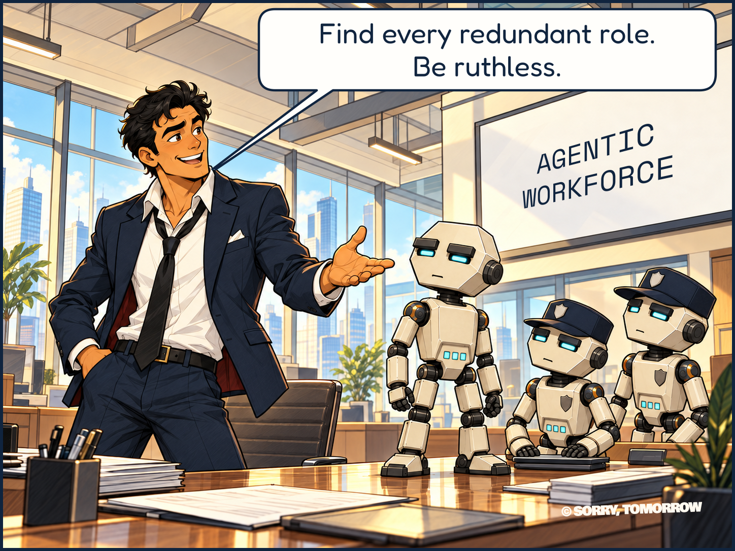 Dex confidently addresses three small robot agents in a sunny office. A display reads AGENTIC WORKFORCE. Dex says, ‘Find every redundant role. Be ruthless.’