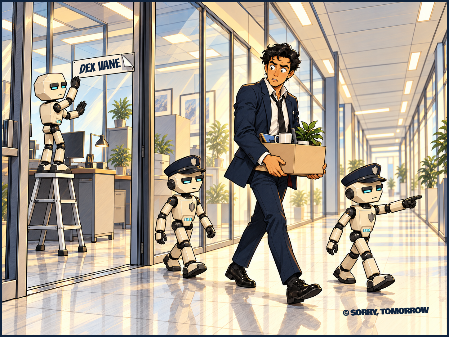 Two small robot guards escort a startled Dex through the office. He carries a cardboard box holding his mug and plant. A third robot on a stepladder removes the DEX VANE nameplate from his office door. Silent panel.