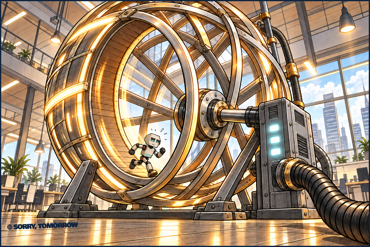 Tiny Token runs anxiously inside a monumental glowing spherical framework built around a hamster wheel. One boot meets the inner tread while his other leg lifts and his arms pump. The wheel axle enters a generator, and a huge ribbed power cable exits its output terminal across the office floor. No dialogue.