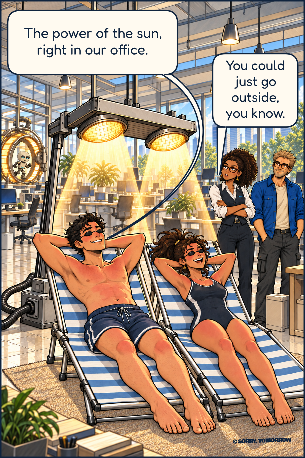Dex and Mina lounge in adjacent beach chairs in swimsuits and tanning goggles, smiling despite visibly sunburnt cheeks, shoulders and knees. The ribbed cable plugs into the base of twin tanning lamps shining onto both chairs. Token keeps running in the background wheel; ordinary sunshine is visible through the office windows. Dex says, "The power of the sun, right in our office." Behind them Clara folds her arms, rolls her eyes and says, "You could just go outside, you know." Wes smirks beside her.