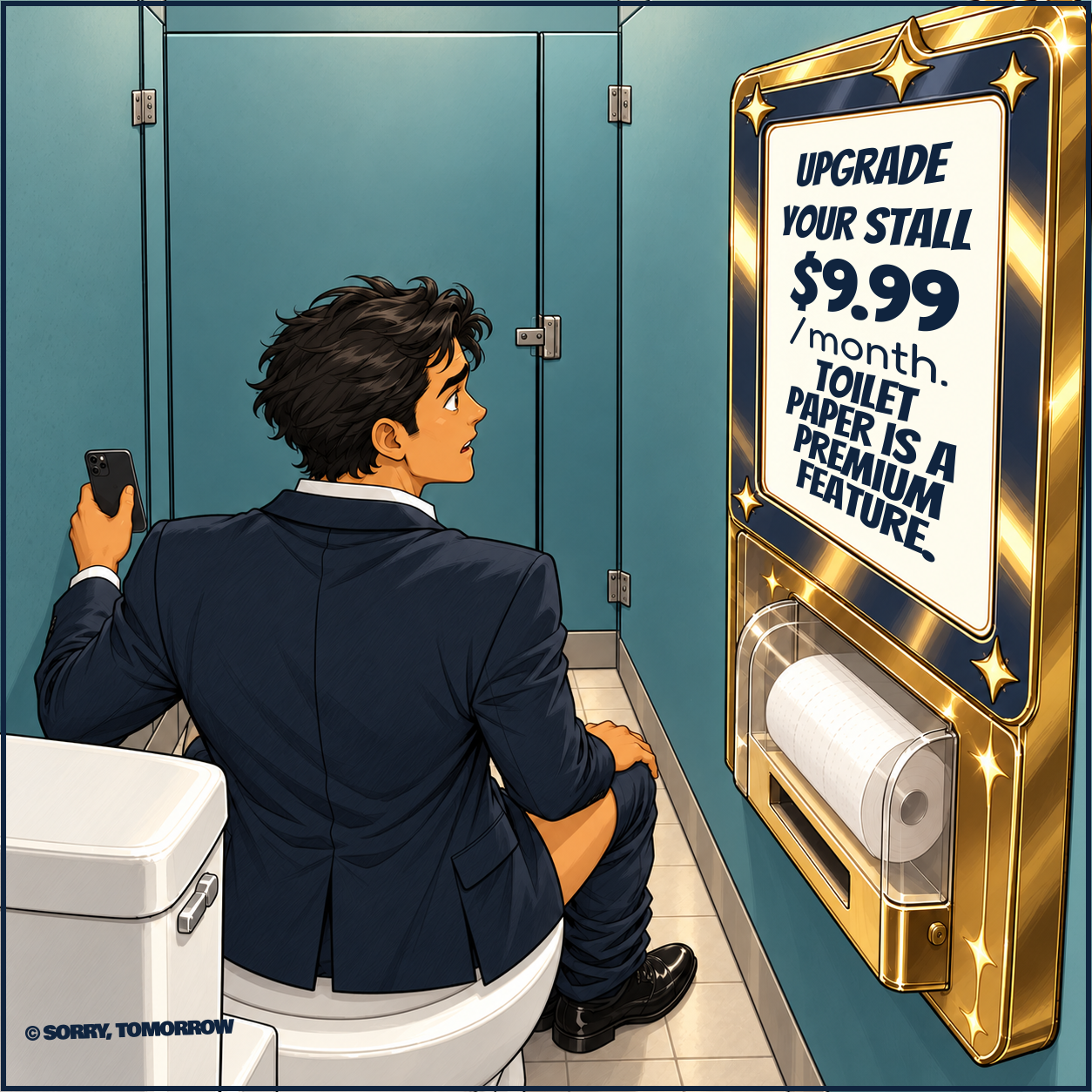 Inside a toilet stall, Dex sits facing away, phone in his left hand on the left, right hand on his right knee. A gold-framed dispenser holds a full roll behind a clear locked cover. Its ad reads UPGRADE YOUR STALL, $9.99/month. Toilet paper is a Premium Feature.