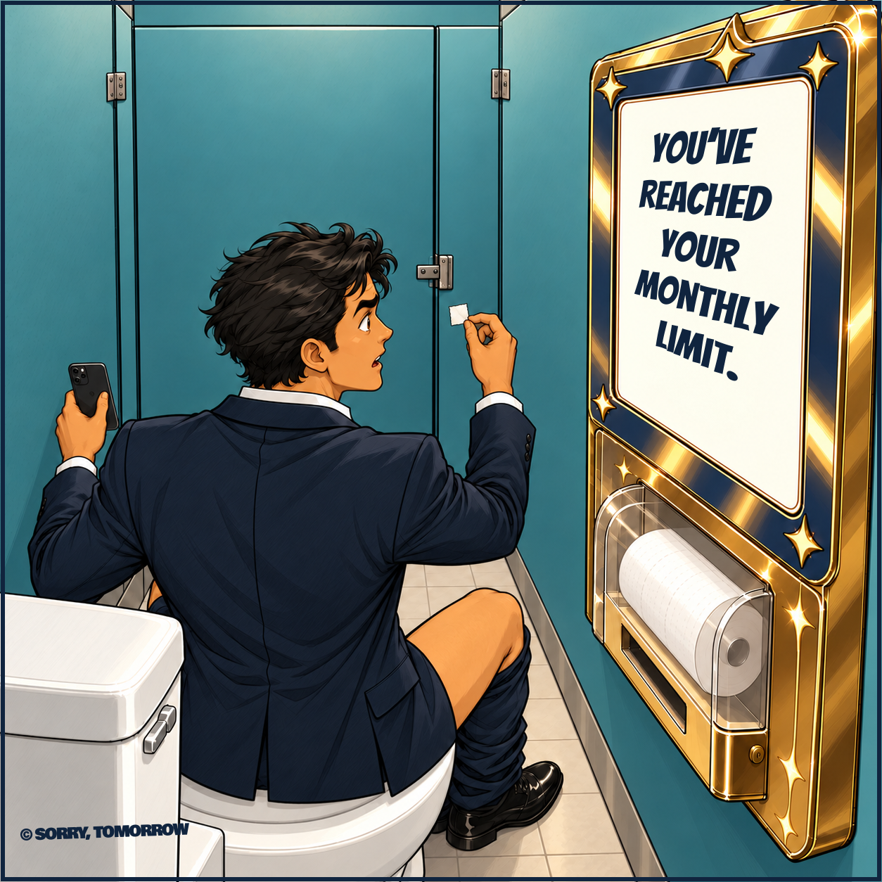 Dex stares in disbelief at one tiny square of toilet paper pinched in his right hand. The full roll remains behind the cover. The display says YOU’VE REACHED YOUR MONTHLY LIMIT.