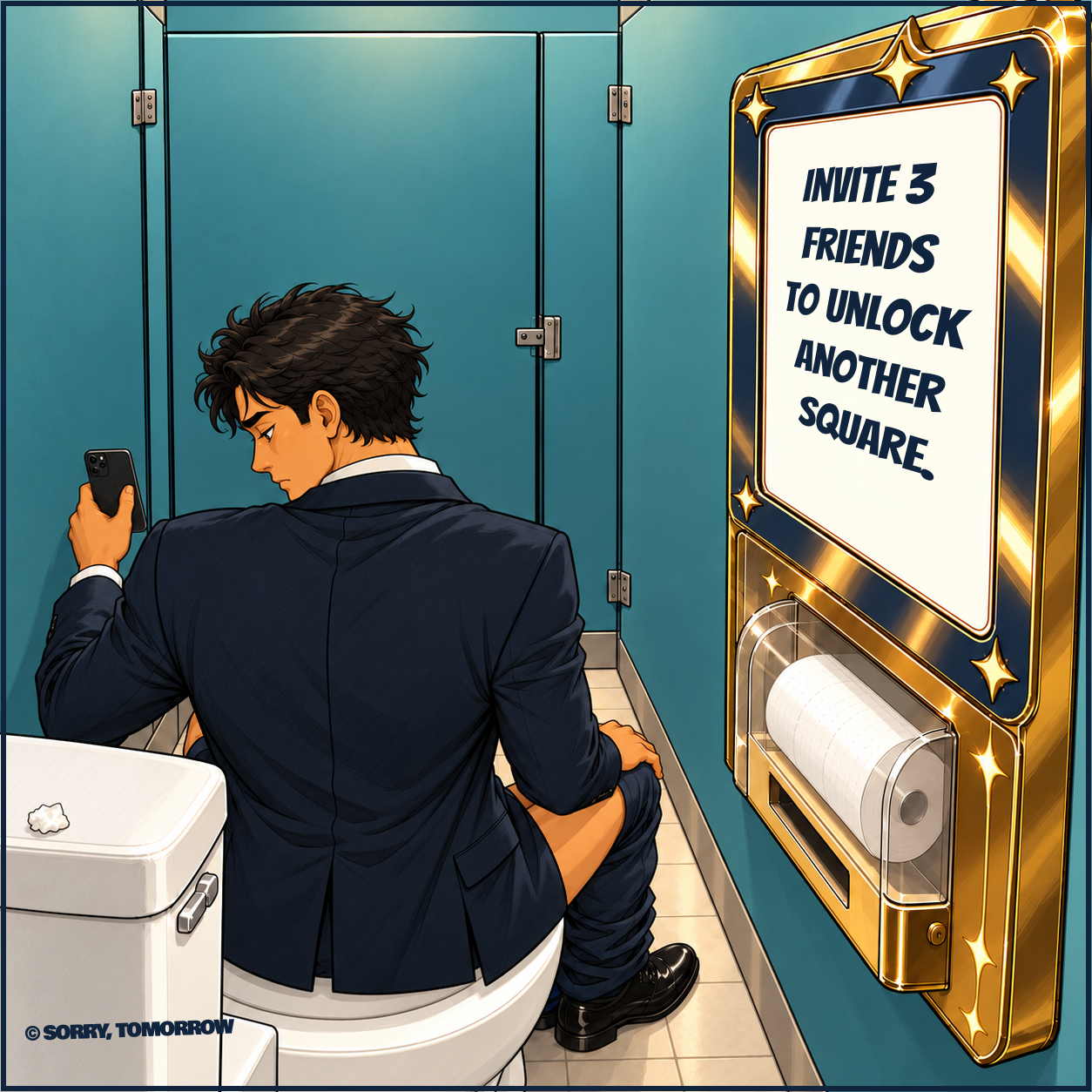 Defeated, Dex turns left toward his phone. The tiny scrap sits on the toilet cistern. The display says INVITE 3 FRIENDS TO UNLOCK ANOTHER SQUARE.