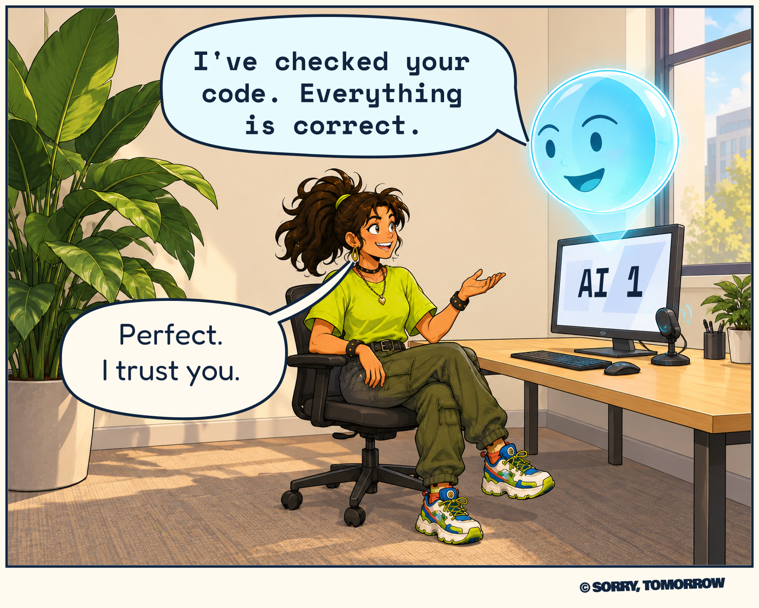 In a sunny office, Mina sits at a desk facing a smiling cyan AI face projected above the monitor labeled AI 1. Original AI: “I've checked your code. Everything is correct.” Mina: “Perfect. I trust you.”