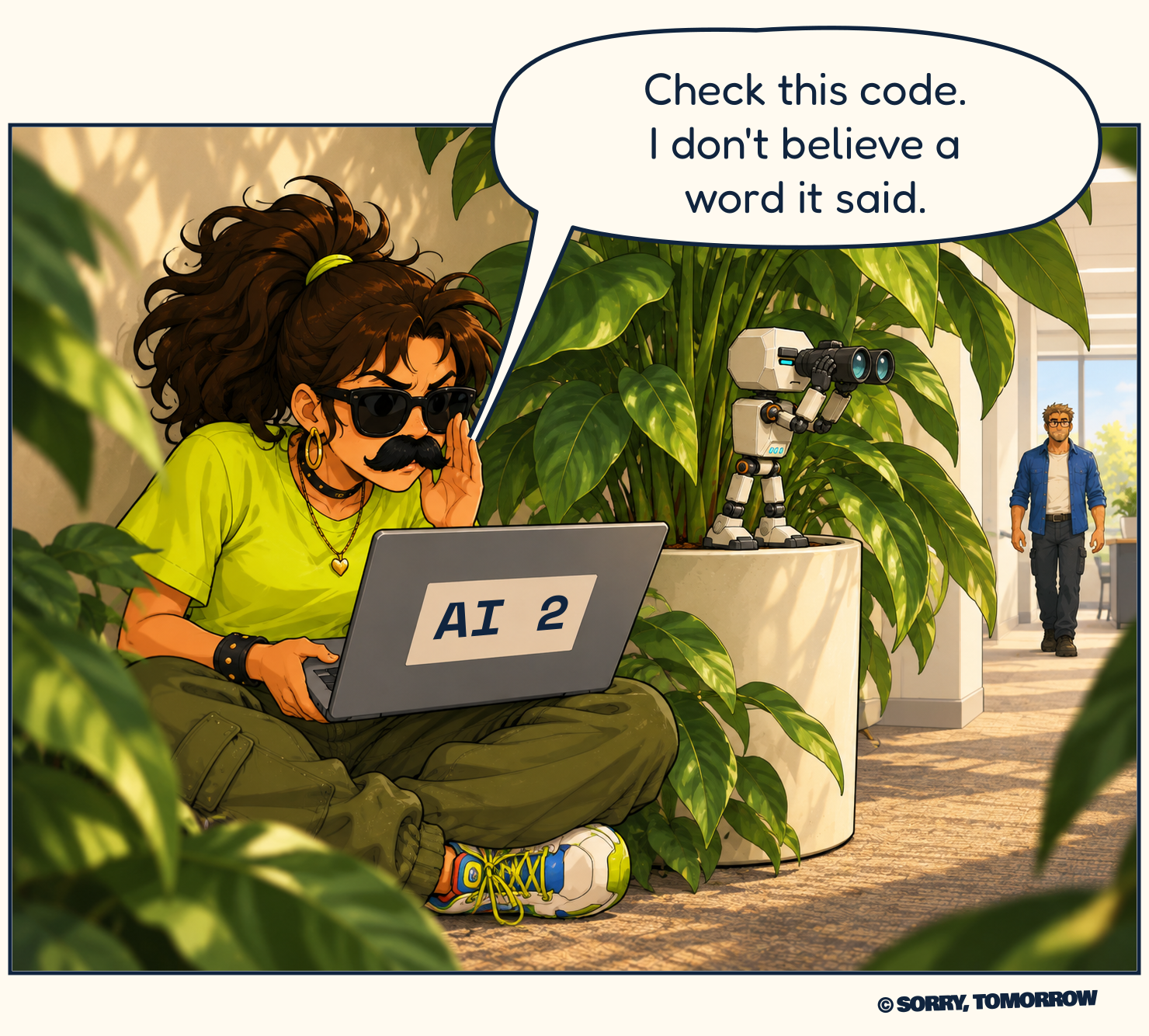 Hidden behind a large plant, Mina wears sunglasses and a fake mustache, cupping her hand beside her mouth toward a laptop labeled AI 2 resting on her lap. Token watches an approaching Wes through binoculars. Mina: “Check this code. I don't believe a word it said.”