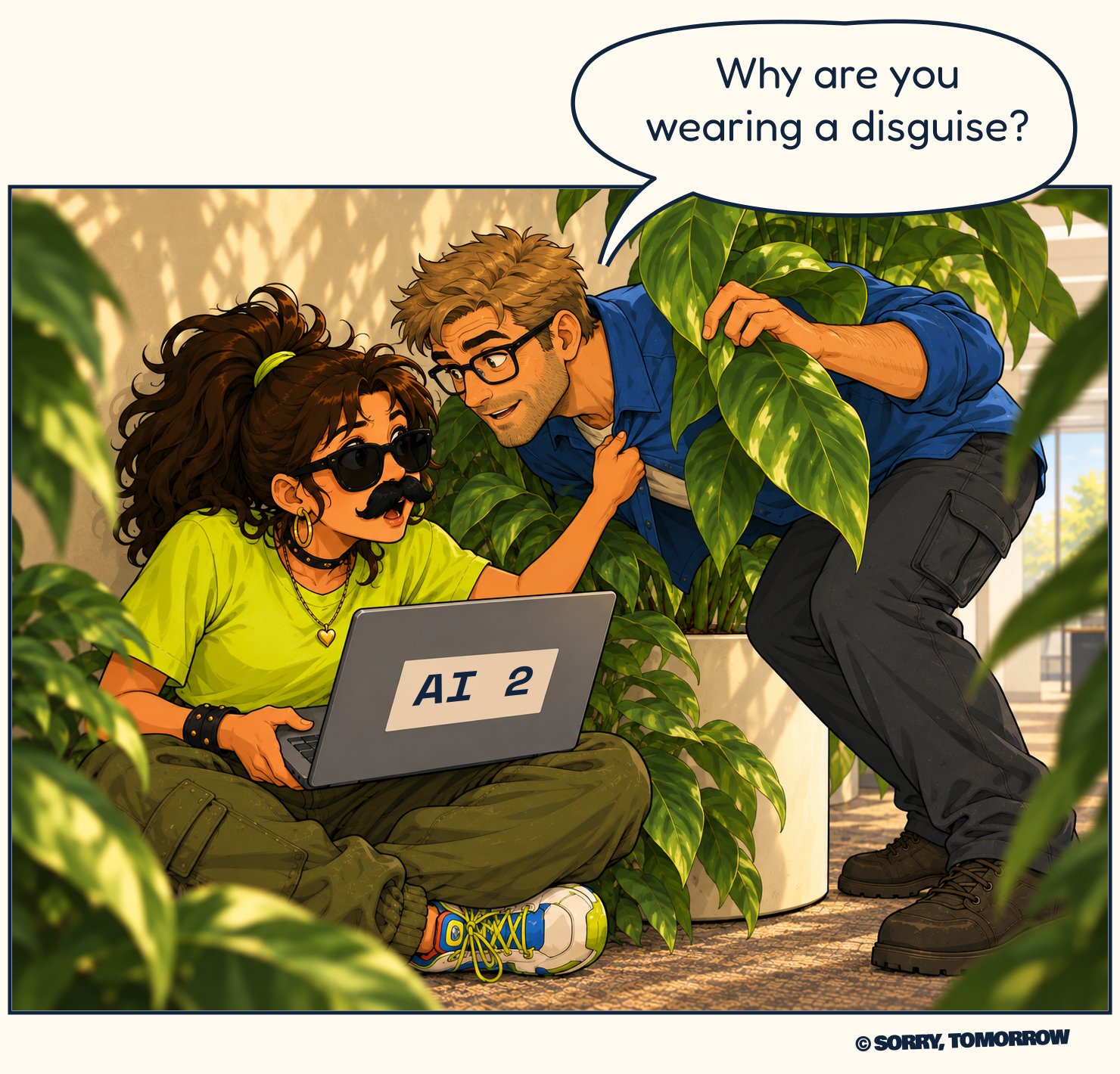Wes parts the plant's leaves and bends toward Mina. Startled, she grasps his collar; the AI 2 laptop remains on her lap. Wes: “Why are you wearing a disguise?”