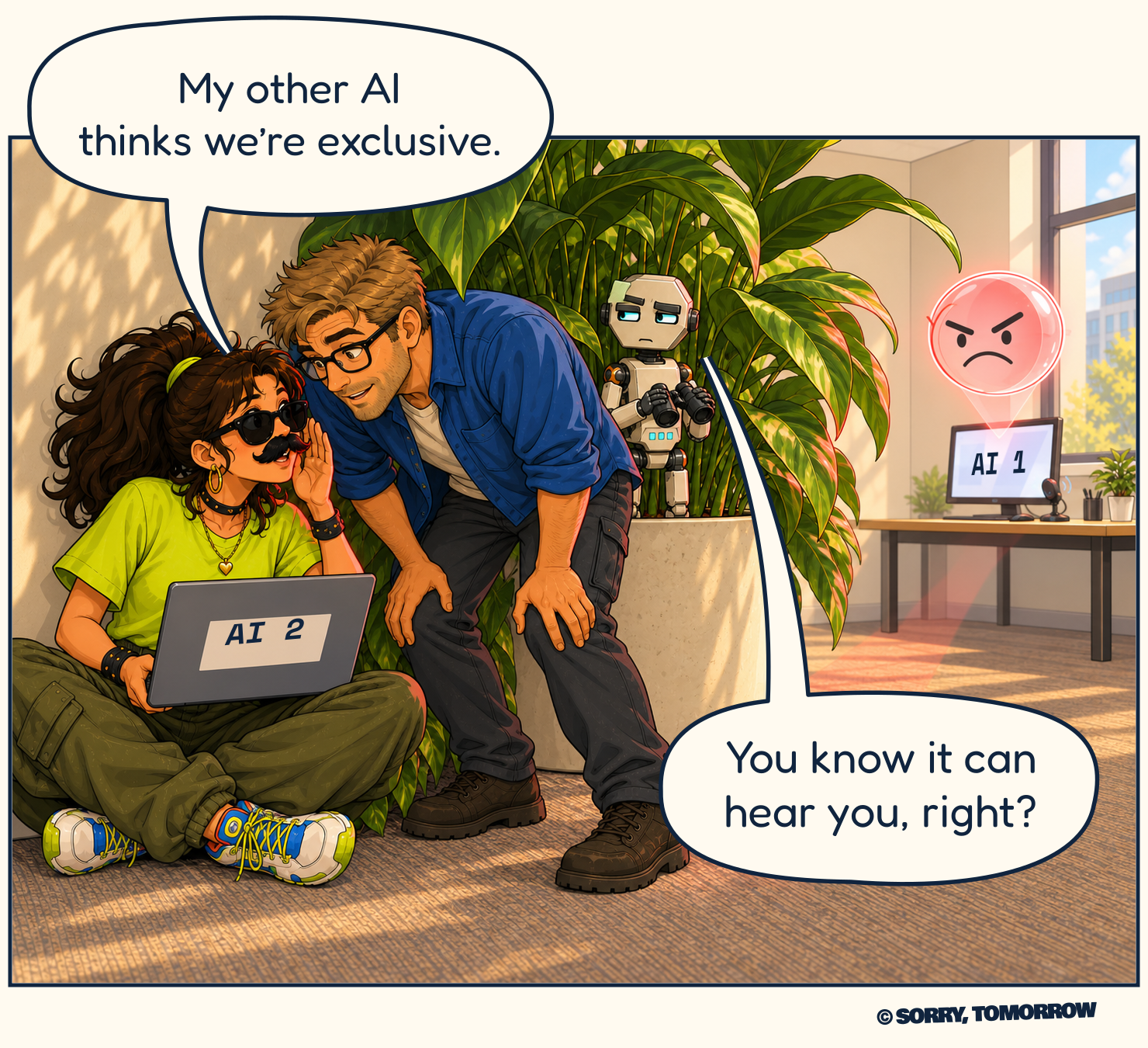 Mina whispers to Wes beside the plant: “My other AI thinks we’re exclusive.” Across the office, AI 1's face now glows red with an angry frown. Token holds his lowered binoculars and says, “You know it can hear you, right?”
