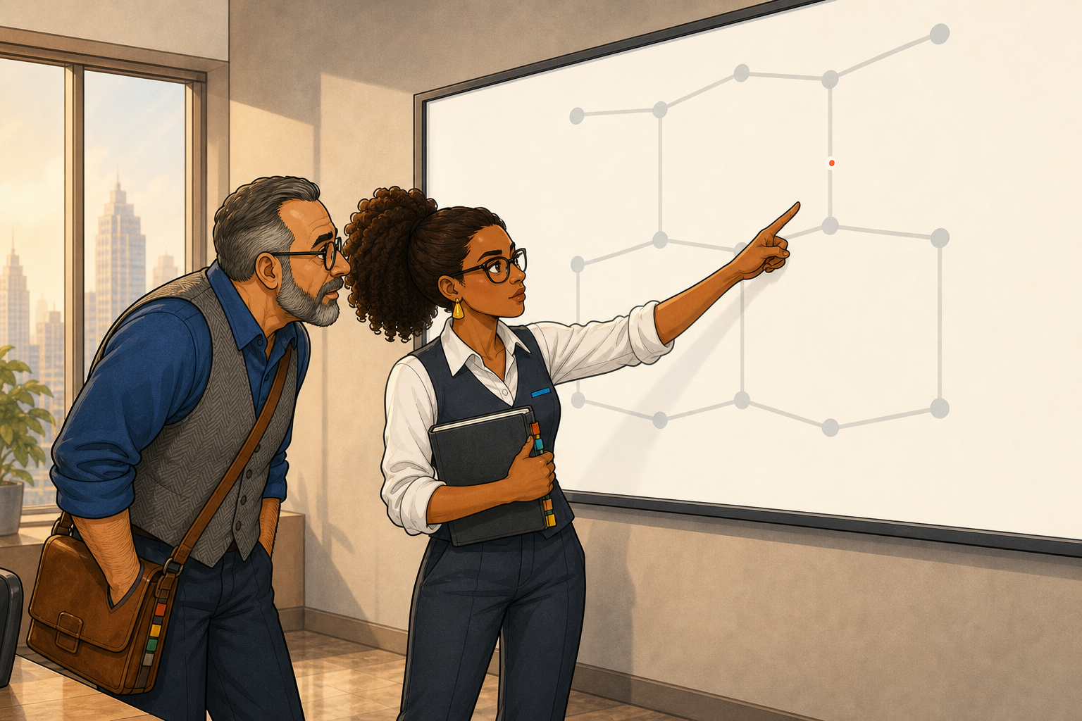 In a bright office, Clara Fye points to a tiny coral dot in a sparse wall diagram while Boomer Slate leans in; her closed tabbed notebook and his cognac organizer remain with them.