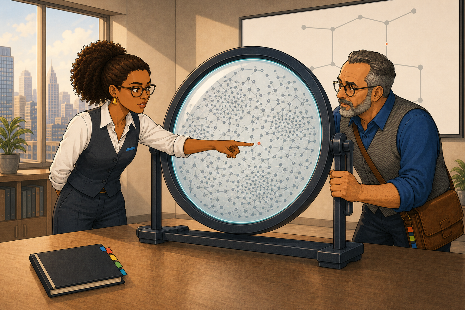 At a desk, Clara Fye points with her right hand to a larger coral dot inside a supported lens filled with a dense diagram; the smaller source dot remains on the sparse wall board, Boomer Slate steadies the lens, and Clara's closed notebook rests alone on the desk.