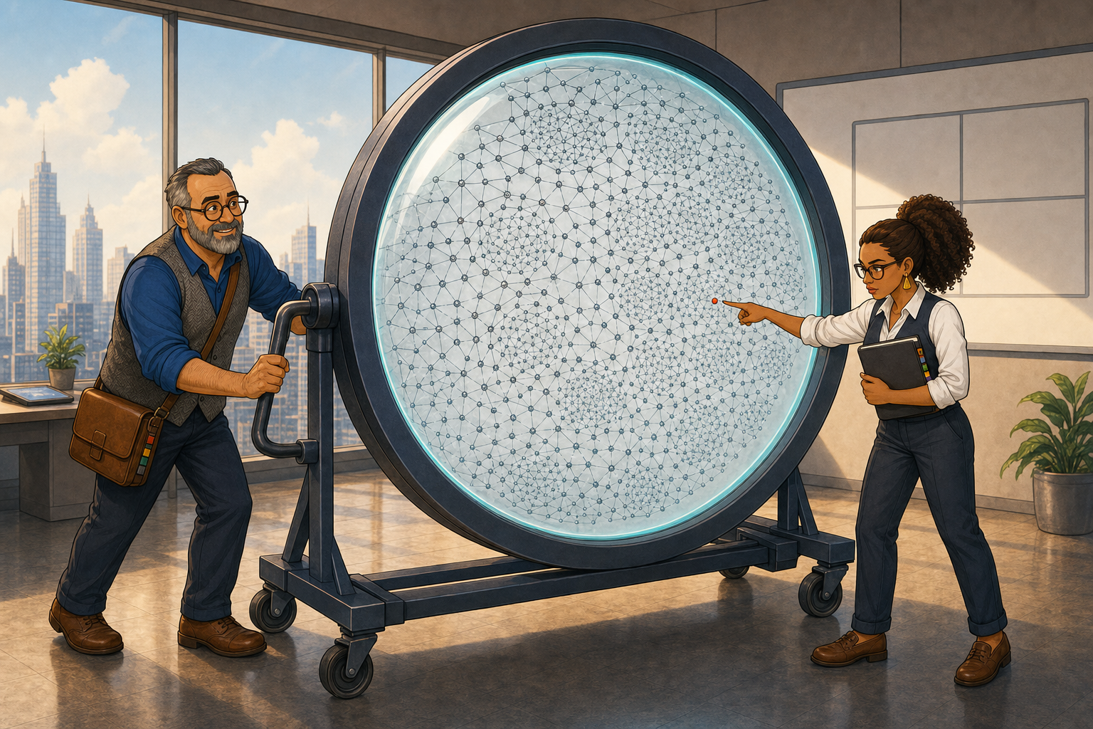Boomer Slate pushes a human-height wheeled lens while Clara Fye holds her closed notebook and points to a dot in the denser web revealed by the glass.