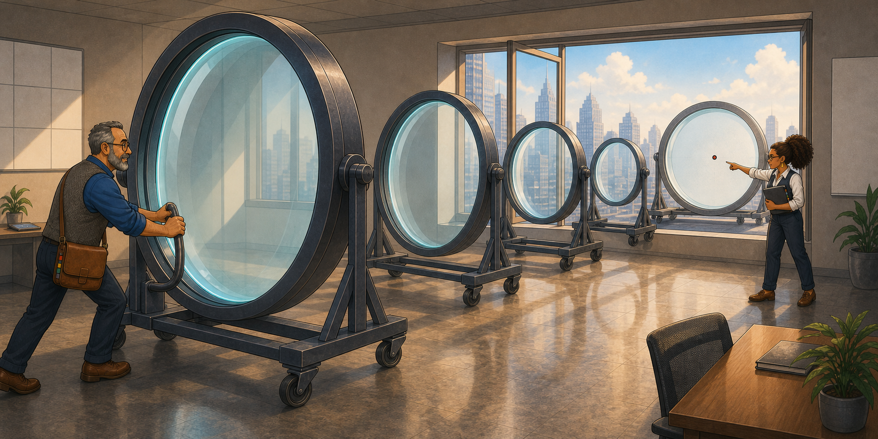Five wheeled lenses form a tunnel through an open office window; Boomer Slate pushes the largest foreground lens while Clara Fye points to the farthest speck.