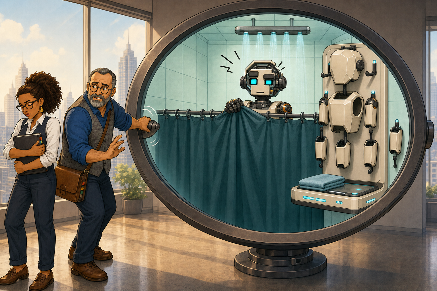 The final lens reveals Token's upper inner cleaning chassis gripping an opaque teal curtain beneath shower jets, with intact cream casings arranged on a cleaning dock; Clara Fye averts her gaze and hugs her closed notebook while Boomer Slate looks away, pivots the lens, and raises an apologetic palm beside jagged silent-shock lines.