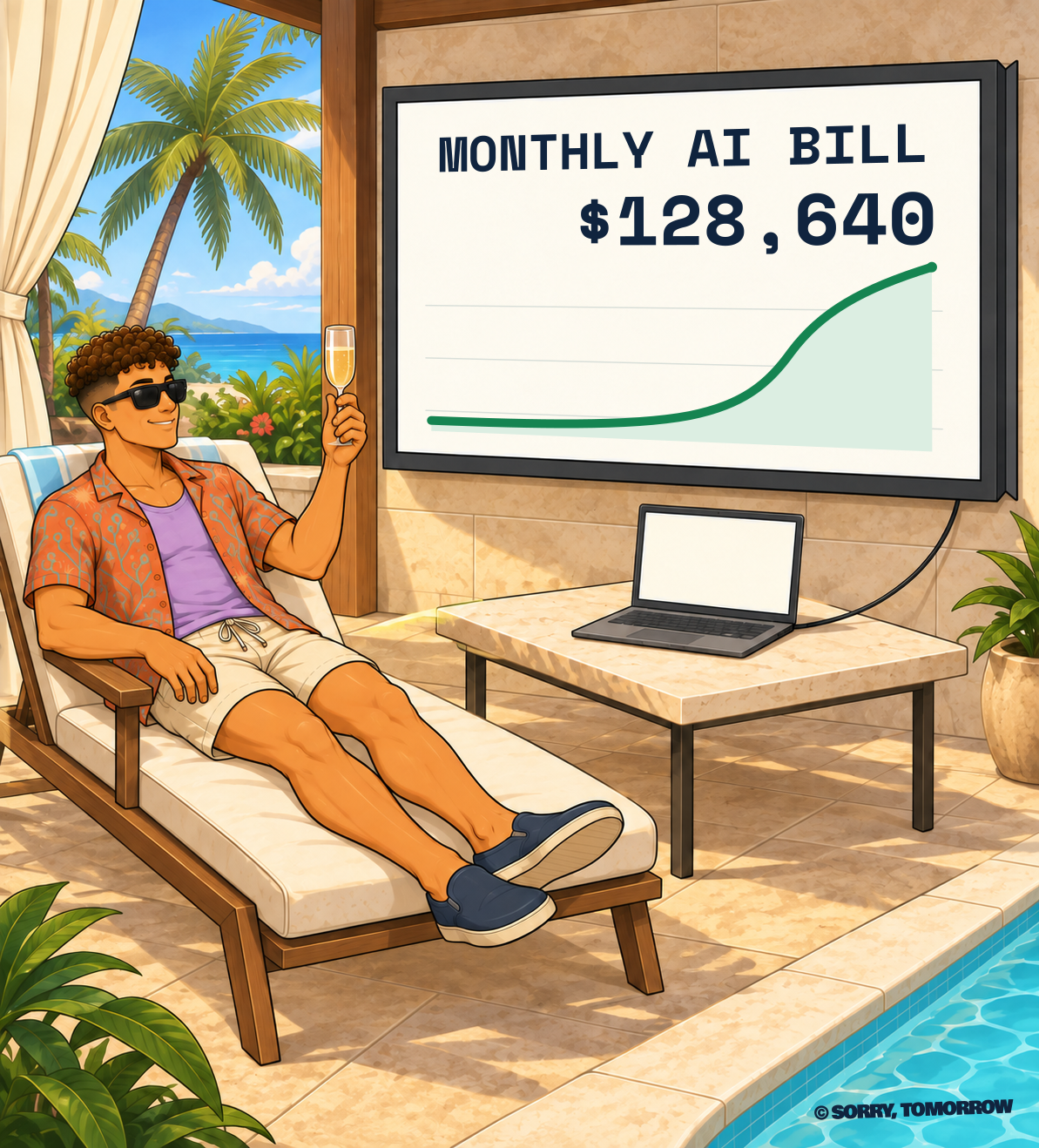 The Vibe Coder reclines poolside in sunglasses and a tropical shirt, smiling and raising champagne toward a giant green growth chart. The screen reads “MONTHLY AI BILL” and “$128,640.” A laptop sits on the side table. No dialogue.