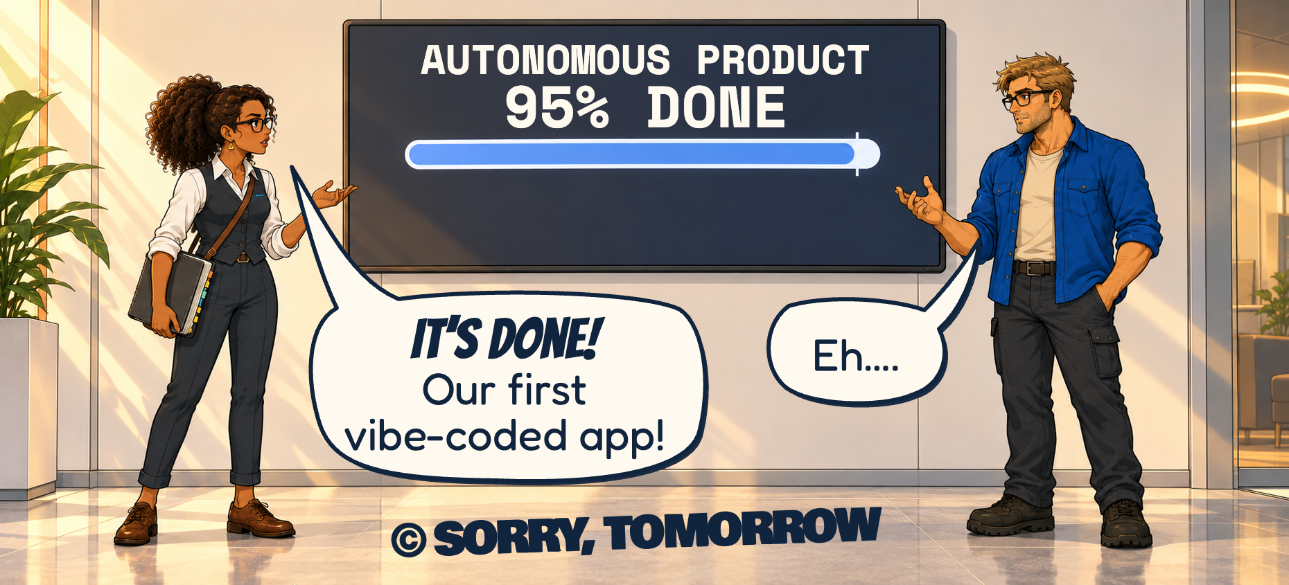 Clara Fye announces, ‘It’s done! Our first vibe-coded app!’ Wes Rollback hesitates: ‘Eh….’ A display reads AUTONOMOUS PRODUCT and 95% DONE above an almost-full progress bar.