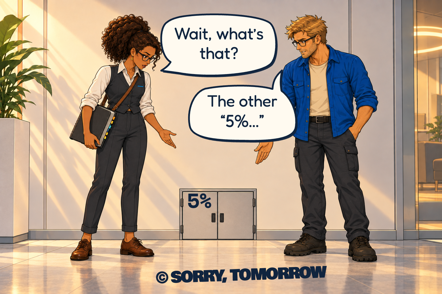 Clara asks, ‘Wait, what’s that?’ Wes answers, ‘The other “5%…”’ They indicate a tiny floor-level double hatch marked 5%.