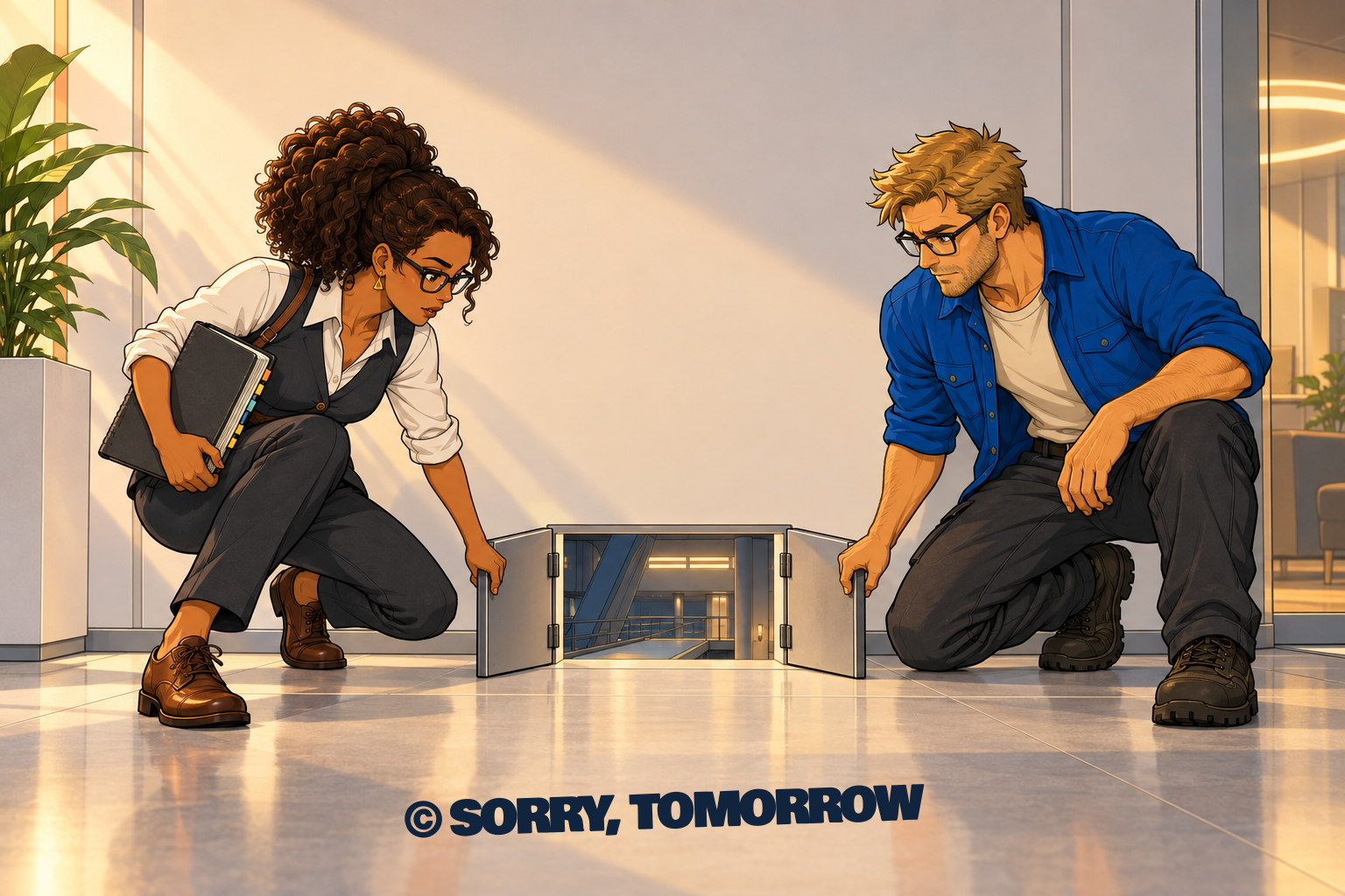 In a silent panel, Clara and Wes crouch and open opposite leaves of the tiny hatch. A receding walkway inside hints at a much larger space.