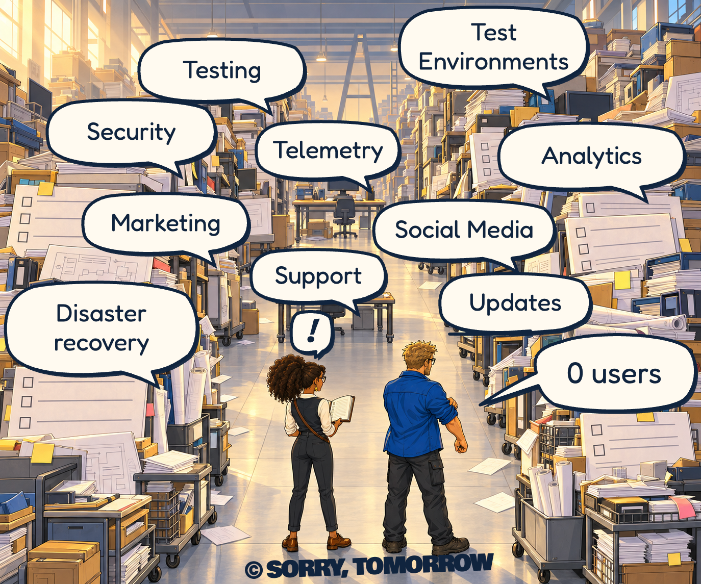 Towering work queues dwarf Clara and Wes. A lone exclamation-point bubble sits above Clara. Wes’s many speech bubbles list Testing, Test Environments, Security, Telemetry, Analytics, Marketing, Social Media, Disaster recovery, Support, Updates, and finally 0 users.