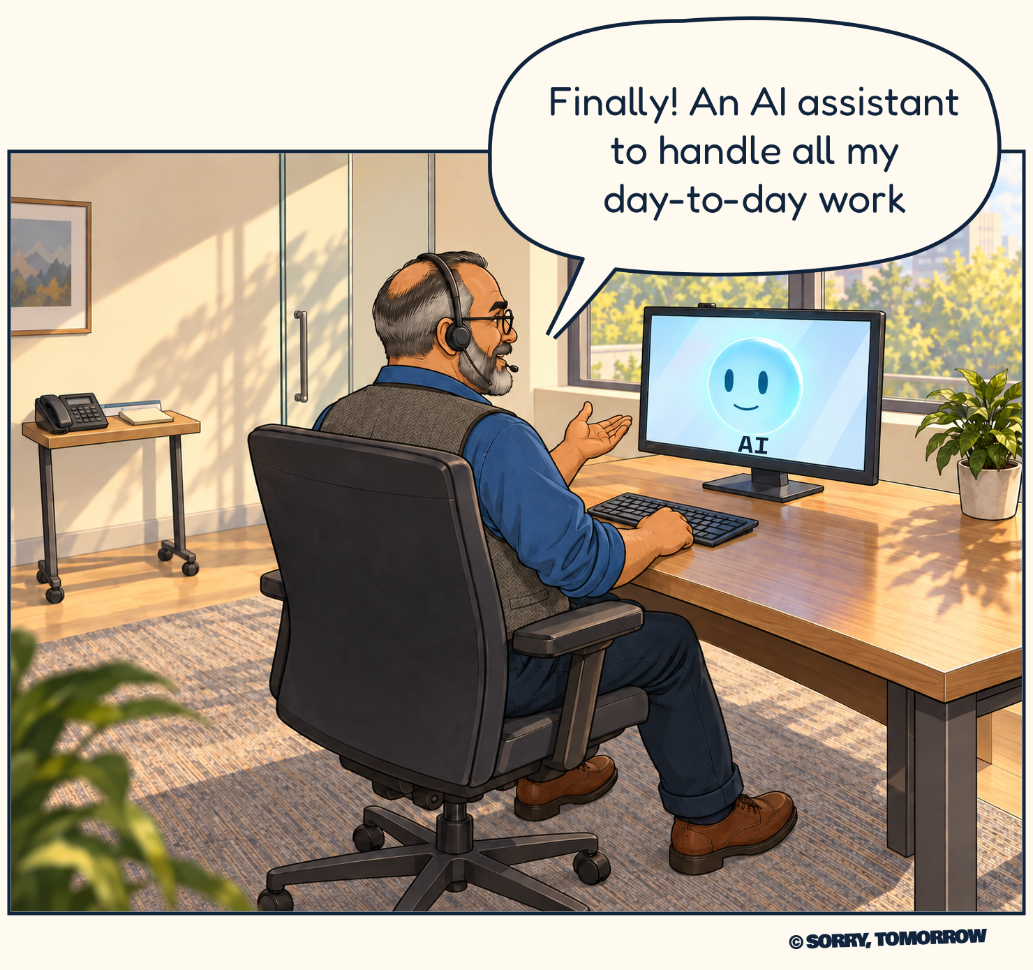 In a sunlit office, Boomer sits at a spacious wooden desk and gestures happily toward a smiling AI face on his monitor. A narrow wheeled telephone desk waits nearby. He says, “Finally! An AI assistant to handle all my day-to-day work”