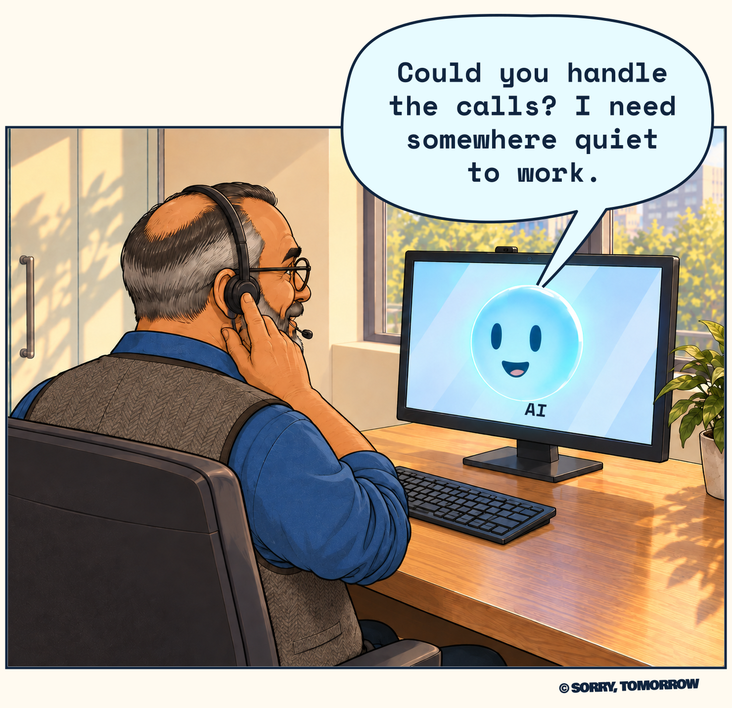 A closer view shows Boomer listening with a finger to his headset. The AI smiles from his monitor and says, “Could you handle the calls? I need somewhere quiet to work.”