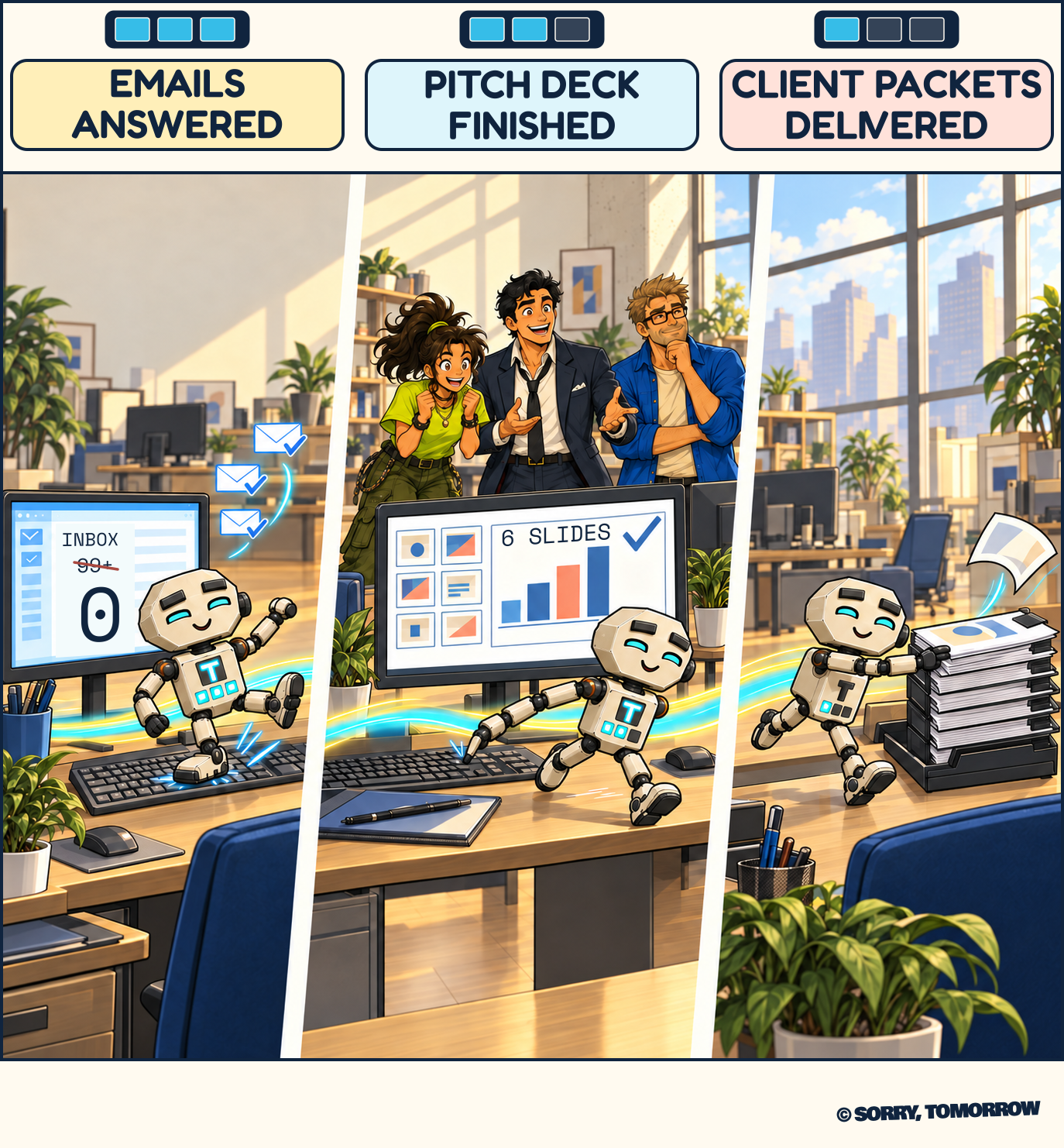 Token tap-dances on a keyboard to answer emails, finishes a checked six-slide pitch deck with his trailing hand, and delivers a neat stack of clipped client packets. Three task labels name the completed work. Quota displays decline from three lit segments to one while Mina, Dex and Wes watch.