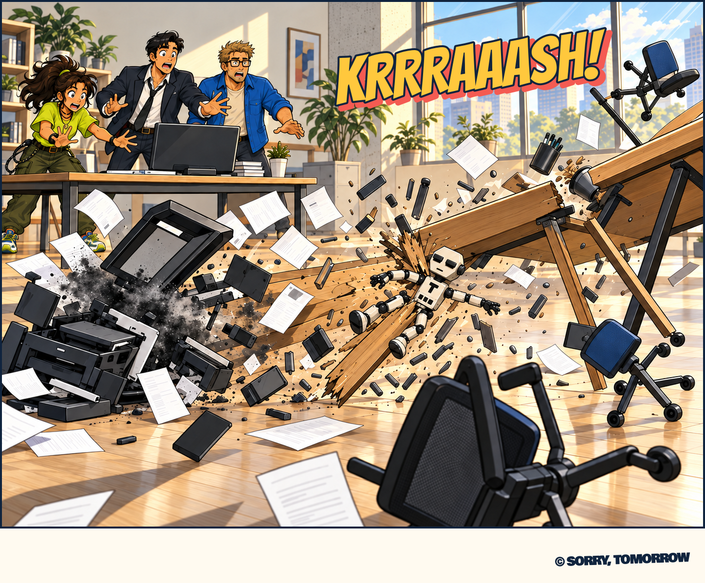 “KRRRAAASH!” Token’s momentum bursts through a printer and a wooden desk brace, collapsing two desks and scattering chairs, paper and equipment. Mina, Dex and Wes react safely behind their workstation. The small robot remains intact and unpowered.