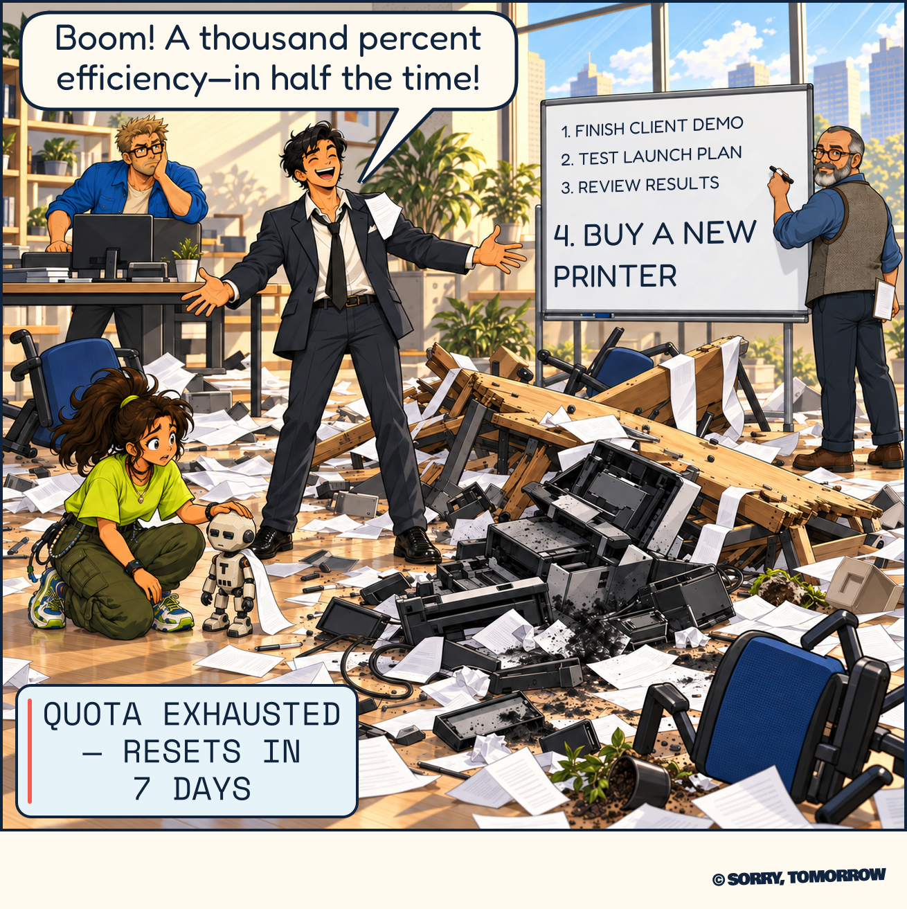Amid extensive wrecked desks, printer pieces, toppled chairs and paper drifts, Mina kneels beside small unpowered Token and steadies his head. Dex celebrates: “Boom! A thousand percent efficiency—in half the time!” Wes looks skeptical. Token’s UI reads “QUOTA EXHAUSTED — RESETS IN 7 DAYS”. Boomer adds “4. BUY A NEW PRINTER” after three existing project tasks on the whiteboard.