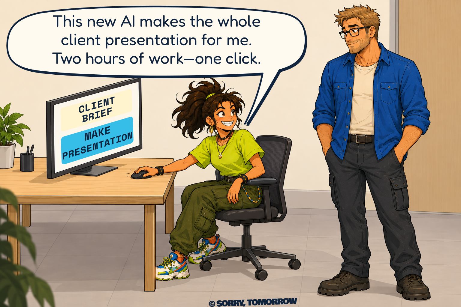 In a warm office, Mina sits in a normal black office chair with one hand on the mouse. She turns toward standing Wes with an exaggerated proud grin. Her monitor offers to make a presentation from a client brief.