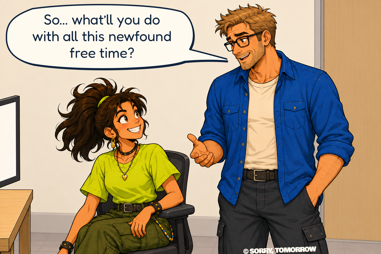 A closer two-shot holds their eye contact. Wes smiles and opens one hand as he asks his question. Mina looks up at him while reaching down beside her chair, out of view.