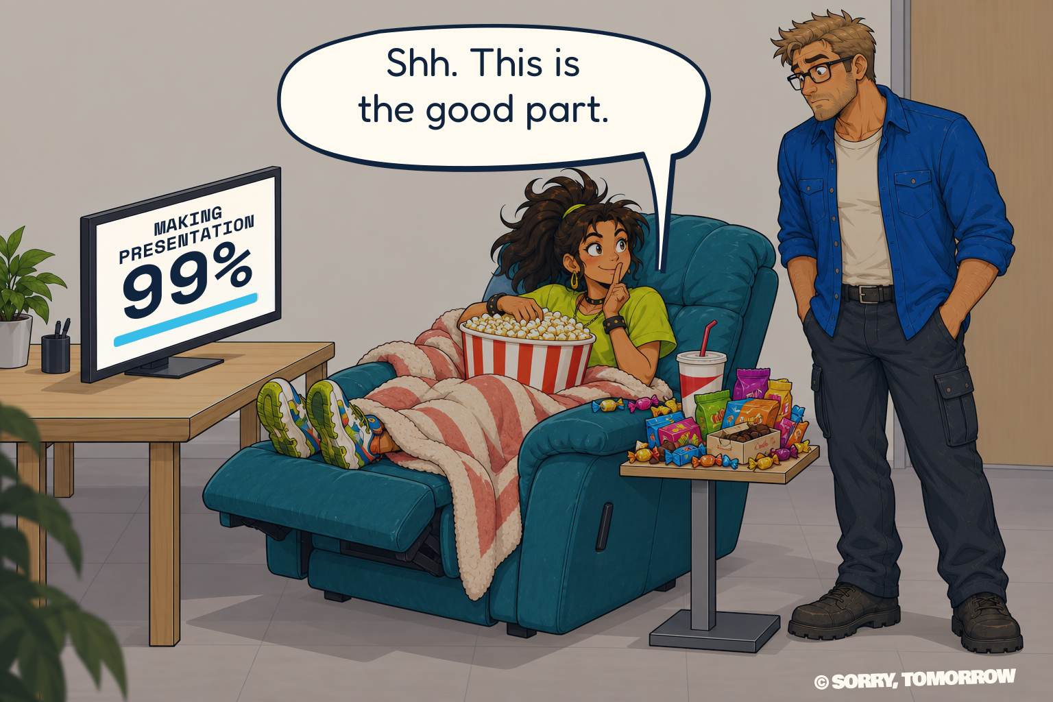 The office is subtly dimmed, but the monitor remains bright. Mina is now cocooned in a huge teal recliner and a coral-and-cream blanket, surrounded by a giant popcorn bucket, a large soda, and an excessive candy stash. She looks toward Wes and presses a finger to her lips, treating the presentation's 99% progress as a movie climax. Wes looks mildly taken aback.