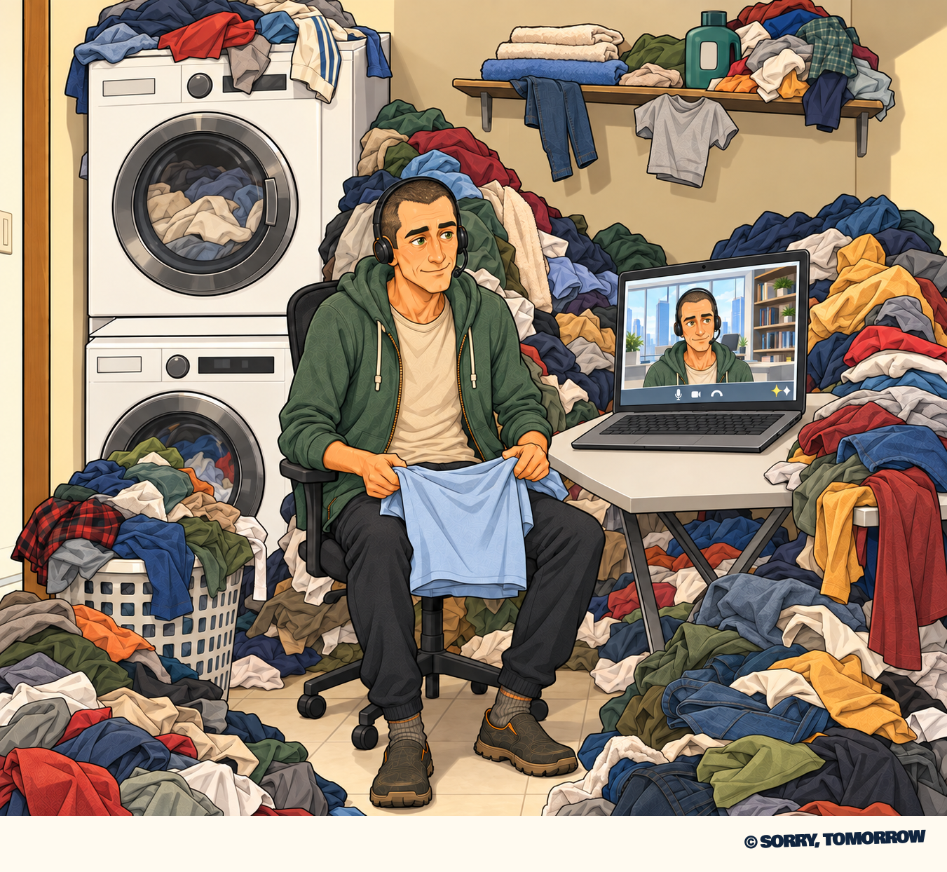 Miles sits in an office chair, folding a clean blue T-shirt in a laundry room overflowing with clothes. A washer and dryer are stacked behind him. On a laptop beside him, his own video-call preview shows the same hoodie and headset in an immaculate office.